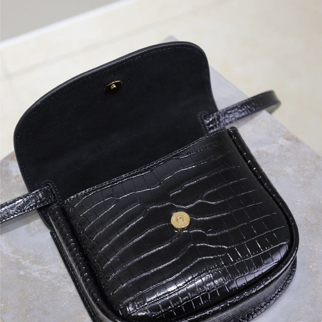 KAIA SMALL CROCODILE PATTERN BAG 18 IN BLACK GLOSSY CALFSKIN COPPER HARDWARE