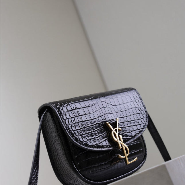 KAIA SMALL CROCODILE PATTERN BAG 18 IN BLACK GLOSSY CALFSKIN COPPER HARDWARE
