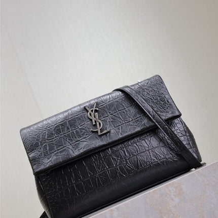 WEST HOLLYWOOD BAG 28 IN BLACK CROCODILE TEXTURED CALFSKIN SILVER HARDWARE