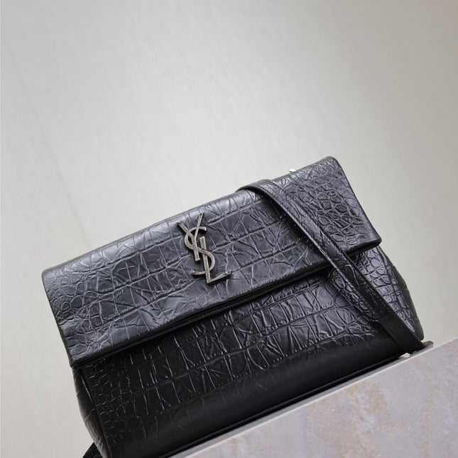 WEST HOLLYWOOD BAG 28 IN BLACK CROCODILE TEXTURED CALFSKIN SILVER HARDWARE