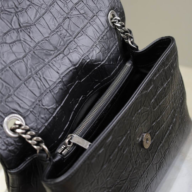 WEST HOLLYWOOD BAG 28 IN BLACK CROCODILE TEXTURED CALFSKIN SILVER HARDWARE