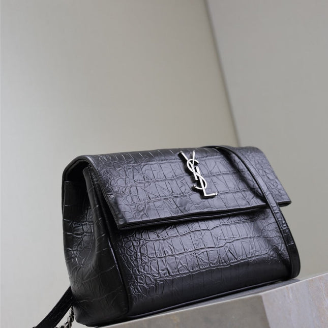 WEST HOLLYWOOD BAG 28 IN BLACK CROCODILE TEXTURED CALFSKIN SILVER HARDWARE