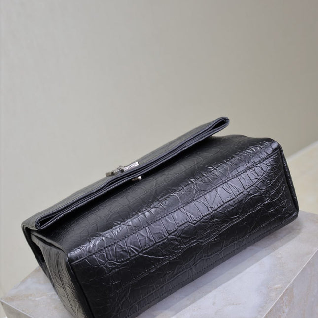 WEST HOLLYWOOD BAG 28 IN BLACK CROCODILE TEXTURED CALFSKIN SILVER HARDWARE