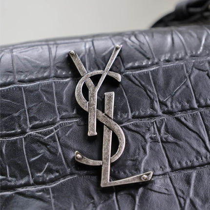 WEST HOLLYWOOD BAG 28 IN BLACK CROCODILE TEXTURED CALFSKIN SILVER HARDWARE