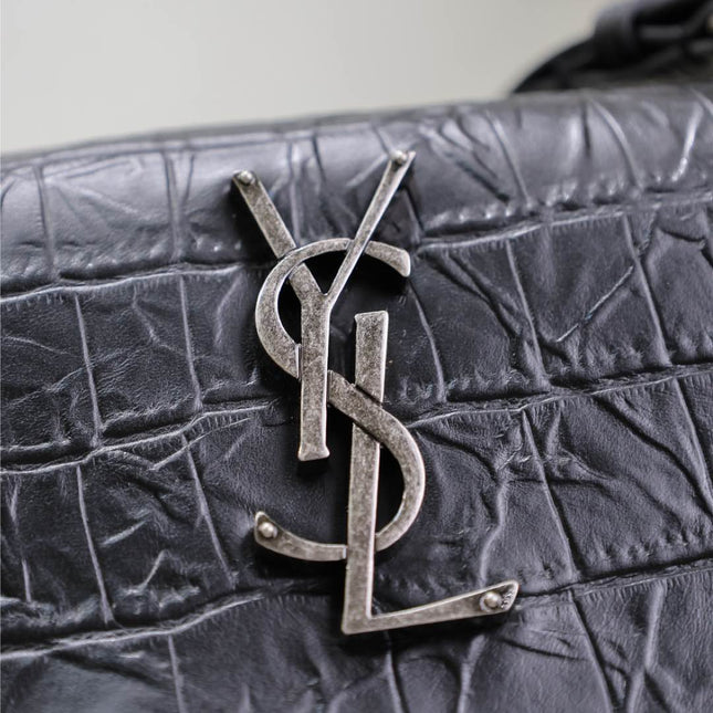 WEST HOLLYWOOD BAG 28 IN BLACK CROCODILE TEXTURED CALFSKIN SILVER HARDWARE