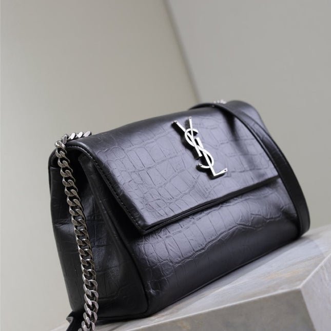 WEST HOLLYWOOD BAG 24 IN BLACK CROCODILE TEXTURED CALFSKIN SILVER HARDWARE