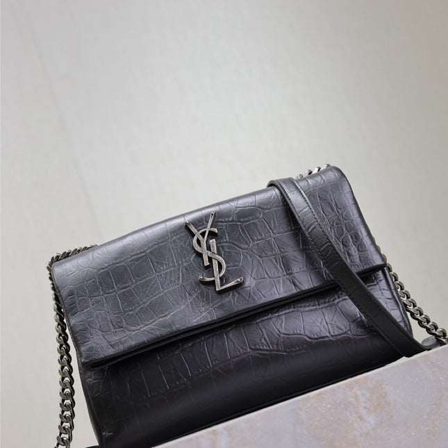 WEST HOLLYWOOD BAG 24 IN BLACK CROCODILE TEXTURED CALFSKIN SILVER HARDWARE