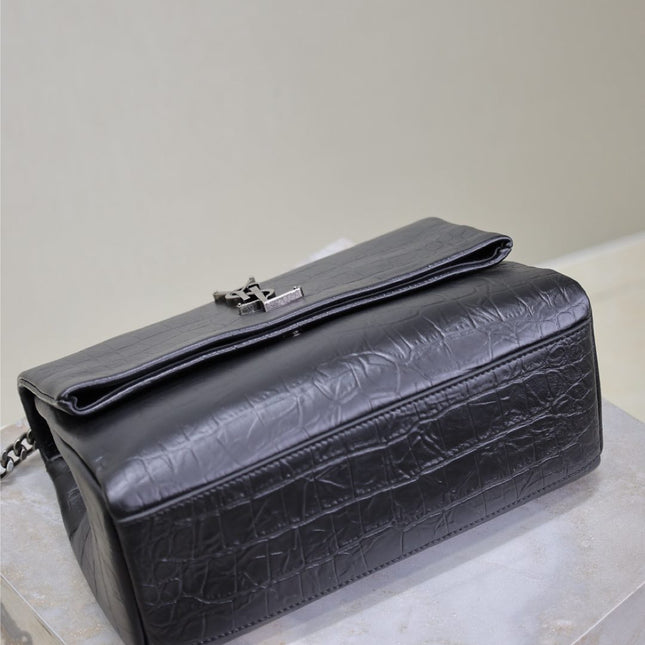 WEST HOLLYWOOD BAG 24 IN BLACK CROCODILE TEXTURED CALFSKIN SILVER HARDWARE