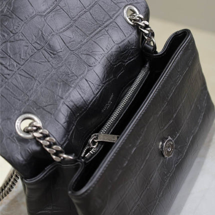 WEST HOLLYWOOD BAG 24 IN BLACK CROCODILE TEXTURED CALFSKIN SILVER HARDWARE