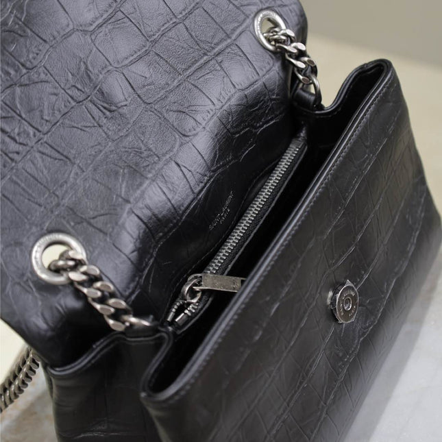 WEST HOLLYWOOD BAG 24 IN BLACK CROCODILE TEXTURED CALFSKIN SILVER HARDWARE
