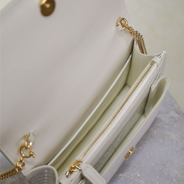 SUNSET SMALL BAG 19 IN WHITE CROCODILE-EMBOSSED CALFSKIN GOLD HARDWARE