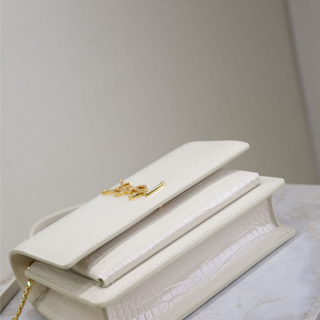 SUNSET SMALL BAG 19 IN WHITE CROCODILE-EMBOSSED CALFSKIN GOLD HARDWARE