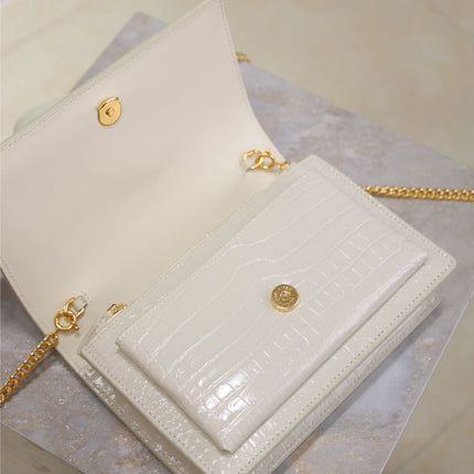 SUNSET SMALL BAG 19 IN WHITE CROCODILE-EMBOSSED CALFSKIN GOLD HARDWARE