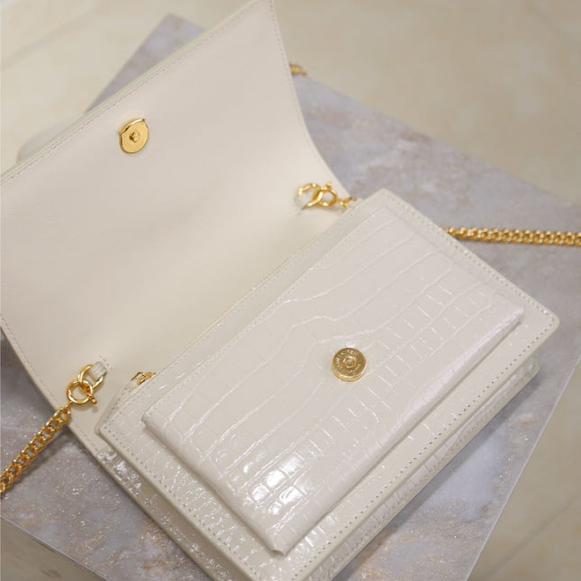 SUNSET SMALL BAG 19 IN WHITE CROCODILE-EMBOSSED CALFSKIN GOLD HARDWARE