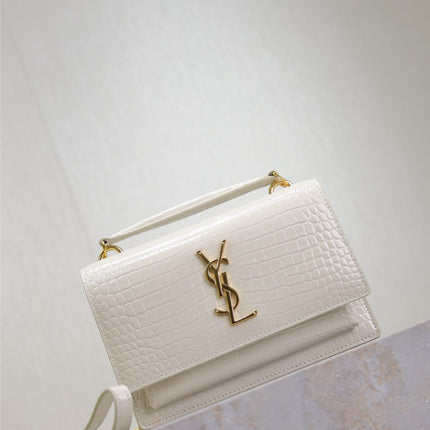 SUNSET SMALL BAG 19 IN WHITE CROCODILE-EMBOSSED CALFSKIN GOLD HARDWARE
