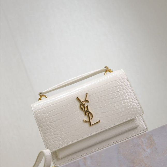 SUNSET SMALL BAG 19 IN WHITE CROCODILE-EMBOSSED CALFSKIN GOLD HARDWARE