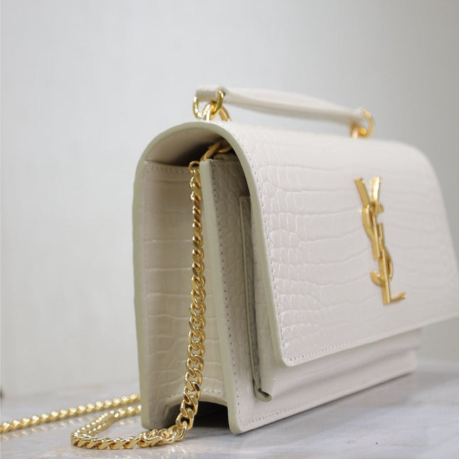 SUNSET SMALL BAG 19 IN WHITE CROCODILE-EMBOSSED CALFSKIN GOLD HARDWARE