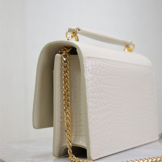 SUNSET SMALL BAG 19 IN WHITE CROCODILE-EMBOSSED CALFSKIN GOLD HARDWARE