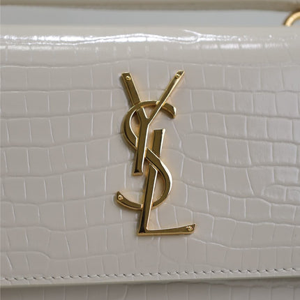 SUNSET SMALL BAG 19 IN WHITE CROCODILE-EMBOSSED CALFSKIN GOLD HARDWARE