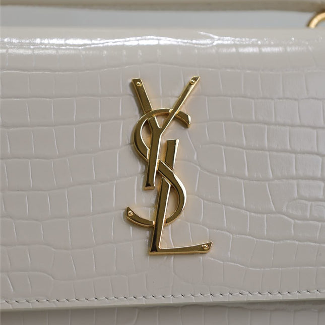 SUNSET SMALL BAG 19 IN WHITE CROCODILE-EMBOSSED CALFSKIN GOLD HARDWARE