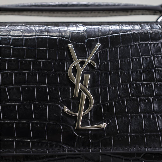 SUNSET SMALL BAG 19 IN BLACK CROCODILE-EMBOSSED CALFSKIN SILVER HARDWARE