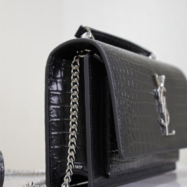 SUNSET SMALL BAG 19 IN BLACK CROCODILE-EMBOSSED CALFSKIN SILVER HARDWARE