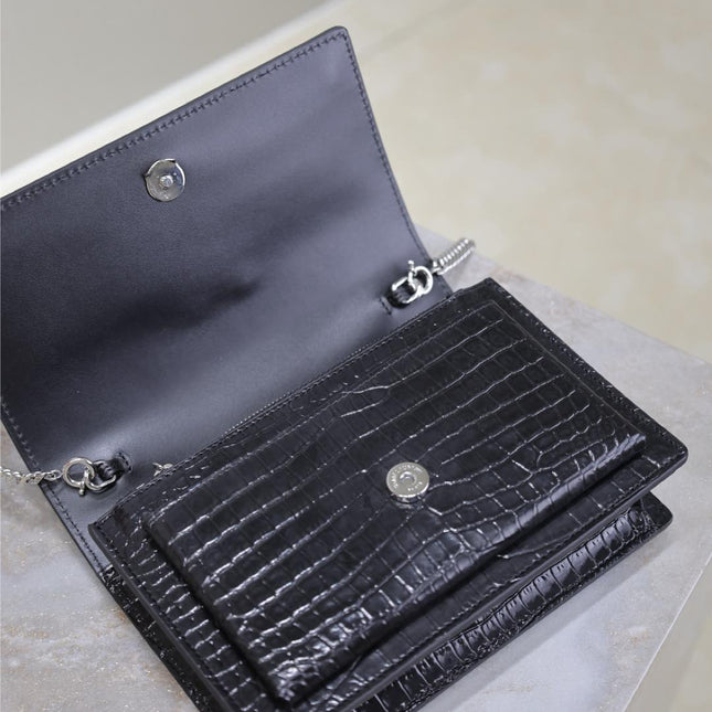 SUNSET SMALL BAG 19 IN BLACK CROCODILE-EMBOSSED CALFSKIN SILVER HARDWARE