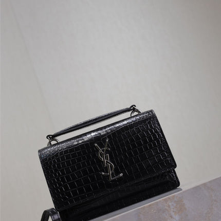 SUNSET SMALL BAG 19 IN BLACK CROCODILE-EMBOSSED CALFSKIN SILVER HARDWARE