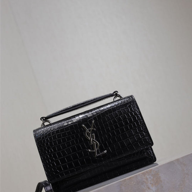 SUNSET SMALL BAG 19 IN BLACK CROCODILE-EMBOSSED CALFSKIN SILVER HARDWARE