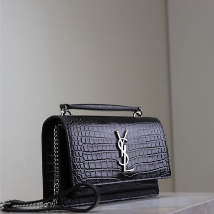 SUNSET SMALL BAG 19 IN BLACK CROCODILE-EMBOSSED CALFSKIN SILVER HARDWARE