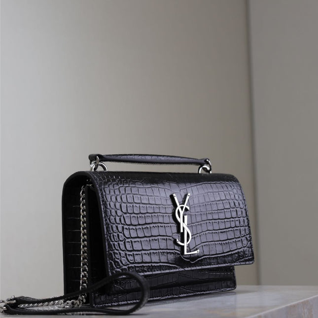 SUNSET SMALL BAG 19 IN BLACK CROCODILE-EMBOSSED CALFSKIN SILVER HARDWARE