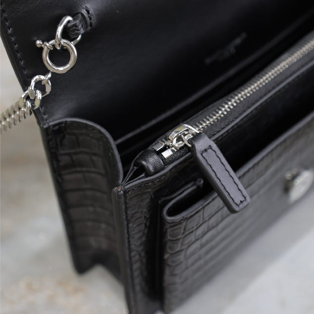 SUNSET SMALL BAG 19 IN BLACK CROCODILE-EMBOSSED CALFSKIN SILVER HARDWARE