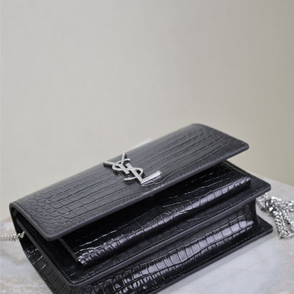 SUNSET SMALL BAG 19 IN BLACK CROCODILE-EMBOSSED CALFSKIN SILVER HARDWARE
