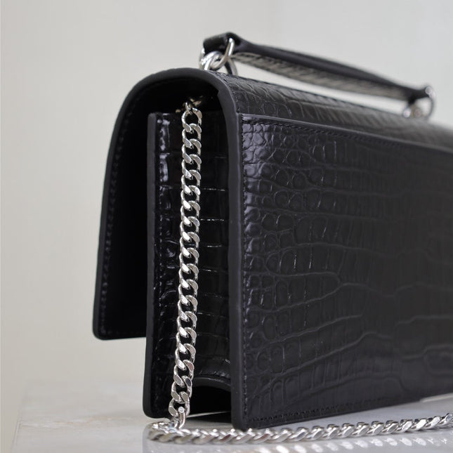SUNSET SMALL BAG 19 IN BLACK CROCODILE-EMBOSSED CALFSKIN SILVER HARDWARE