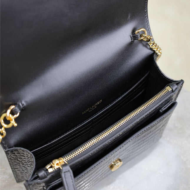 SUNSET SMALL BAG 19 IN BLACK CROCODILE-EMBOSSED CALFSKIN COPPER HARDWARE