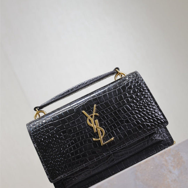 SUNSET SMALL BAG 19 IN BLACK CROCODILE-EMBOSSED CALFSKIN COPPER HARDWARE