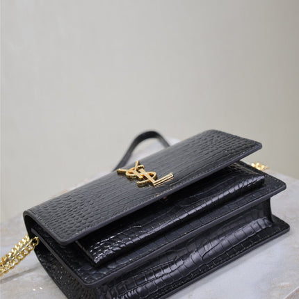 SUNSET SMALL BAG 19 IN BLACK CROCODILE-EMBOSSED CALFSKIN COPPER HARDWARE