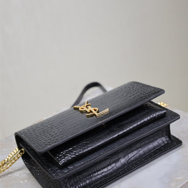 SUNSET SMALL BAG 19 IN BLACK CROCODILE-EMBOSSED CALFSKIN COPPER HARDWARE