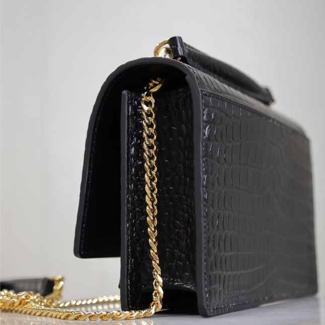 SUNSET SMALL BAG 19 IN BLACK CROCODILE-EMBOSSED CALFSKIN COPPER HARDWARE