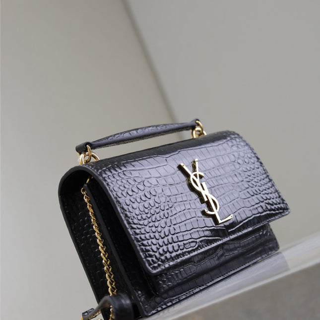 SUNSET SMALL BAG 19 IN BLACK CROCODILE-EMBOSSED CALFSKIN COPPER HARDWARE