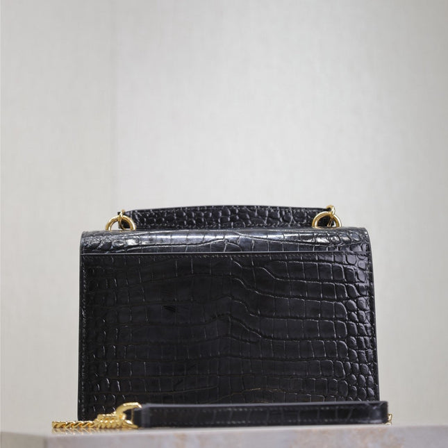 SUNSET SMALL BAG 19 IN BLACK CROCODILE-EMBOSSED CALFSKIN COPPER HARDWARE