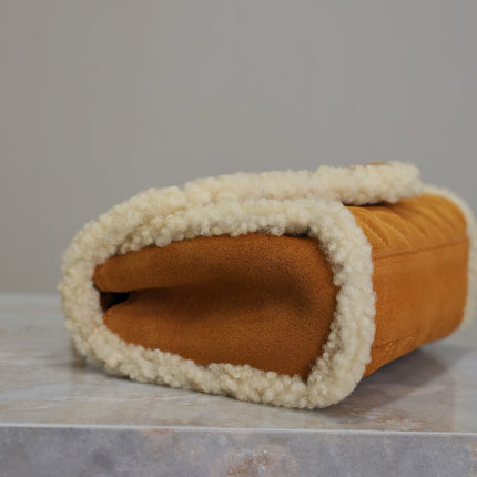 ENVELOPE CHAIN BAG 21 IN BRONZE BROWN SUEDE AND WHITE SHEARLING TRIM GOLD HARDWARE