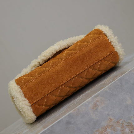 ENVELOPE CHAIN BAG 21 IN BRONZE BROWN SUEDE AND WHITE SHEARLING TRIM GOLD HARDWARE