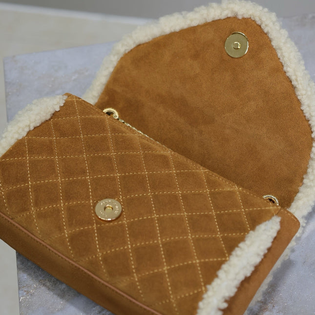 ENVELOPE CHAIN BAG 21 IN BRONZE BROWN SUEDE AND WHITE SHEARLING TRIM GOLD HARDWARE