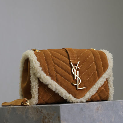ENVELOPE CHAIN BAG 21 IN BRONZE BROWN SUEDE AND WHITE SHEARLING TRIM GOLD HARDWARE