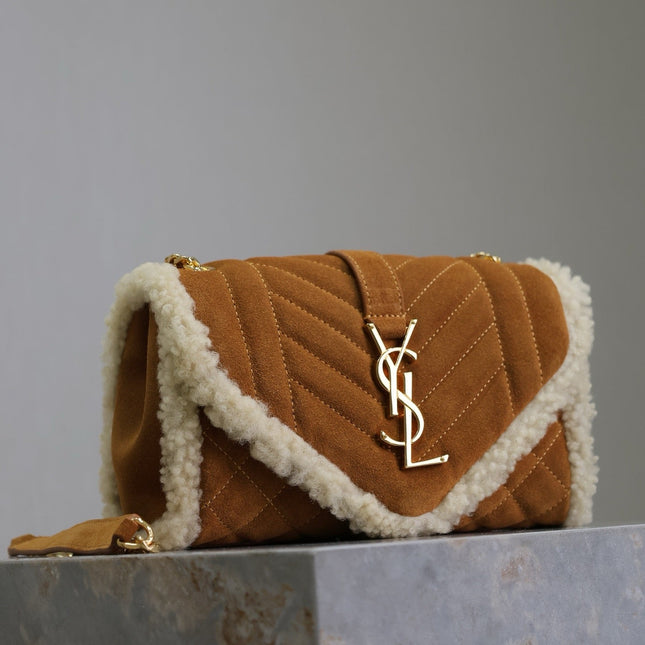 ENVELOPE CHAIN BAG 21 IN BRONZE BROWN SUEDE AND WHITE SHEARLING TRIM GOLD HARDWARE