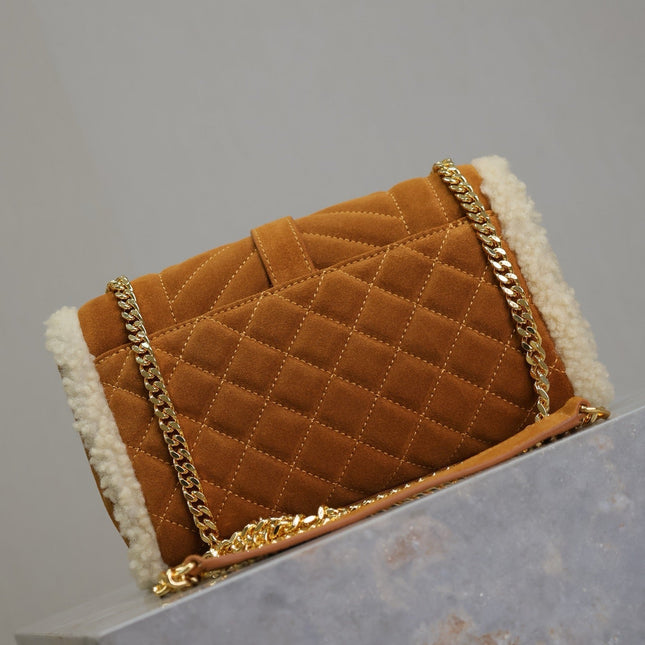ENVELOPE CHAIN BAG 21 IN BRONZE BROWN SUEDE AND WHITE SHEARLING TRIM GOLD HARDWARE