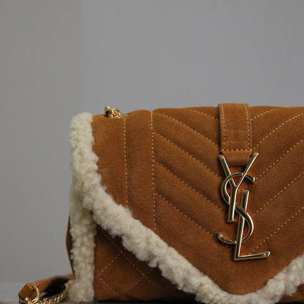 ENVELOPE CHAIN BAG 21 IN BRONZE BROWN SUEDE AND WHITE SHEARLING TRIM GOLD HARDWARE