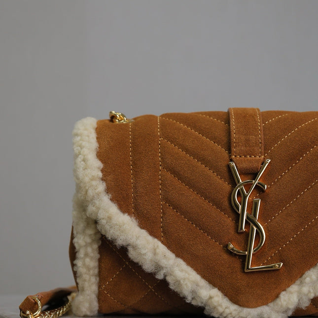 ENVELOPE CHAIN BAG 21 IN BRONZE BROWN SUEDE AND WHITE SHEARLING TRIM GOLD HARDWARE