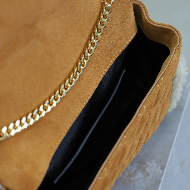 ENVELOPE CHAIN BAG 21 IN BRONZE BROWN SUEDE AND WHITE SHEARLING TRIM GOLD HARDWARE